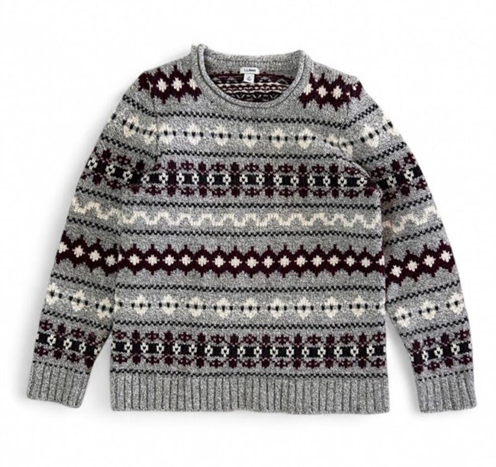 LL Bean 100% Lambs Wool Knit Fair Isle Sweater Gray Burgundy Women’s M